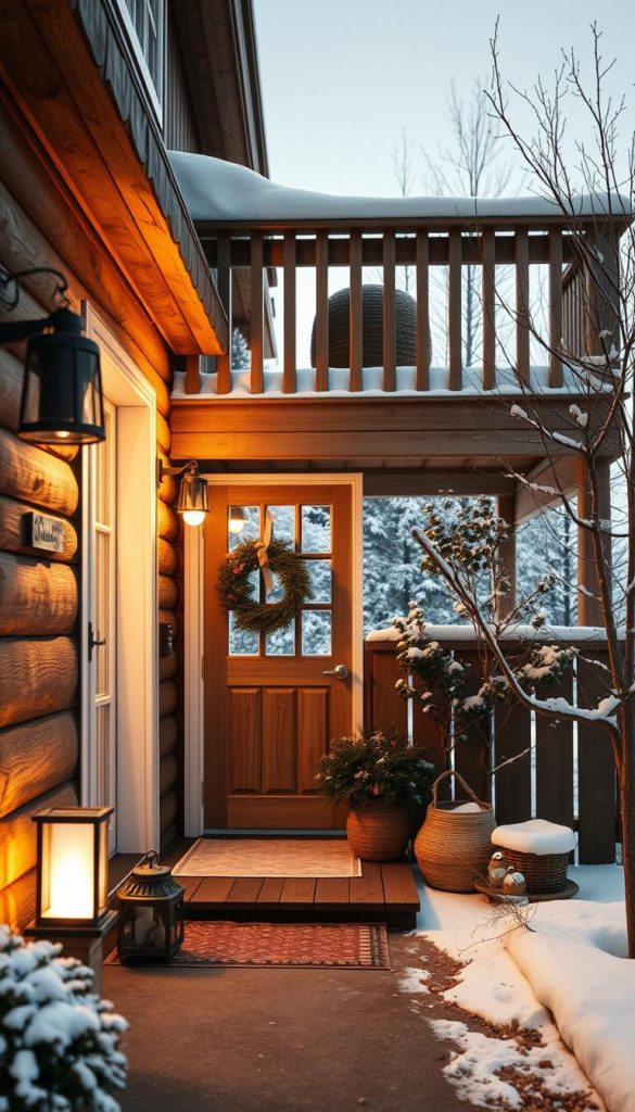 A cozy and welcoming winter scene, featuring a weatherproof entryway and balcony illuminated by the soft glow of KlickKiste outdoor lighting. Rustic wooden accents, natural textures like linen, and a neutral color palette create a serene, Scandinavian-inspired ambiance. Warm lighting casts a gentle, inviting atmosphere, guiding the way through the snowy landscape. The scene is captured with a wide-angle lens, showcasing the harmonious balance between the interior and exterior spaces. An authentic, Pinterest-worthy image that evokes a sense of hygge and wintertime charm. A cozy and welcoming winter scene, featuring a weatherproof entryway and balcony illuminated by the soft glow of KlickKiste outdoor lighting. Rustic wooden accents, natural textures like linen, and a neutral color palette create a serene, Scandinavian-inspired ambiance. Warm lighting casts a gentle, inviting atmosphere, guiding the way through the snowy landscape. The scene is captured with a wide-angle lens, showcasing the harmonious balance between the interior and exterior spaces. An authentic, Pinterest-worthy image that evokes a sense of hygge and wintertime charm.