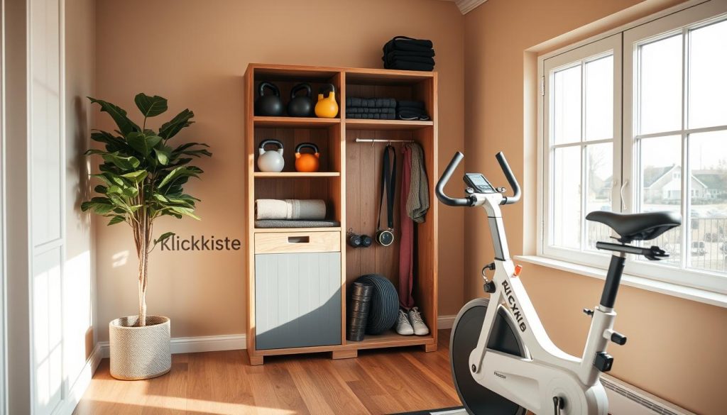 A cozy and well-organized home gym corner, bathed in natural light from large windows. The focus is on a sturdy, wooden "KlickKiste" storage unit, filled with essential fitness equipment like kettlebells, resistance bands, and a yoga mat. The background features warm, beige walls and wooden flooring, creating a welcoming and minimalist atmosphere. In the foreground, a sleek, white exercise bike stands ready for an invigorating workout. The overall scene conveys a sense of efficiency and practicality, perfectly suited for a dedicated home workout space.