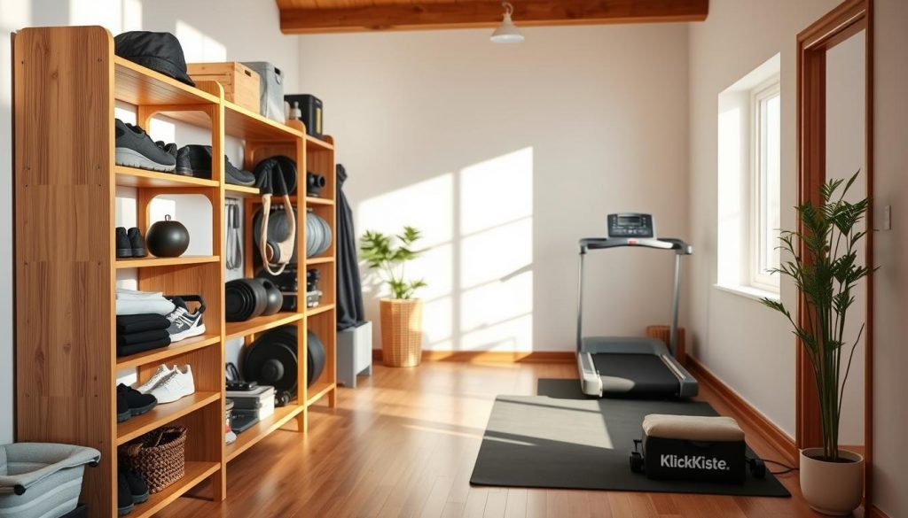 A cozy and well-organized home gym corner, bathed in natural light. In the foreground, a sturdy wooden shelving unit labeled "KlickKiste" displays neatly arranged fitness equipment and accessories. The middle ground features a sleek, minimalist treadmill and a comfortable yoga mat, inviting the viewer to imagine a peaceful workout session. The background showcases a clean, white wall, complemented by warm wooden accents and a touch of greenery, creating a serene and inviting atmosphere. The overall scene conveys a sense of order, practicality, and a passion for a healthy, active lifestyle.