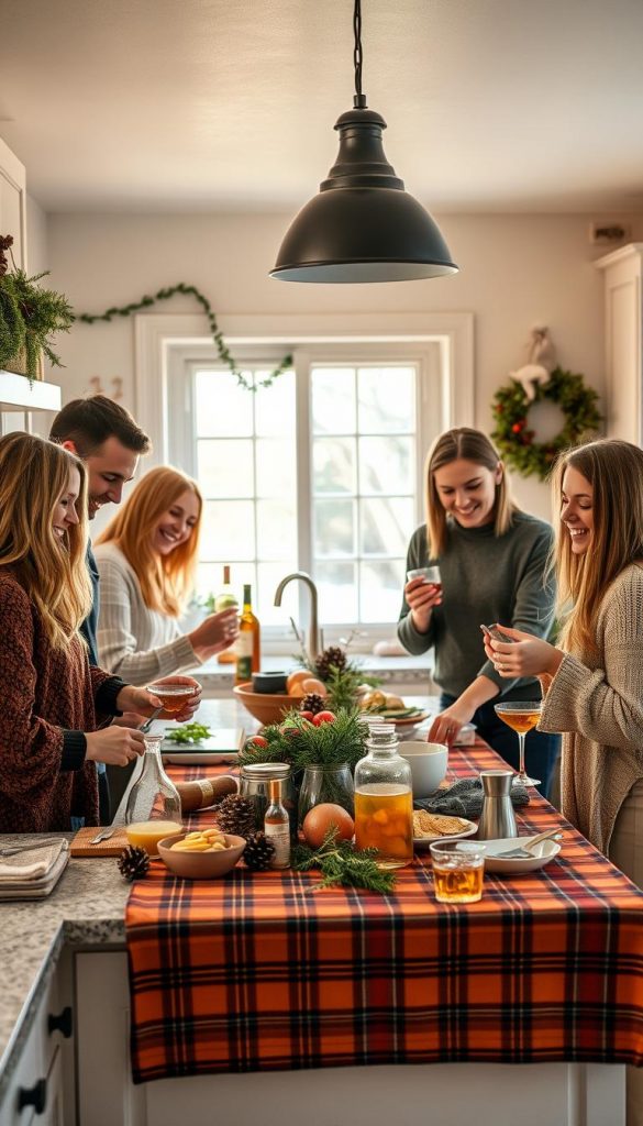 A cozy and well-organized kitchen counter, with seasonal winter decorations like pinecones, eucalyptus, and a warm plaid tablecloth. A group of smiling friends gather around, dividing up tasks like chopping vegetables, setting the table, and mixing cocktails. Soft, natural lighting filters in through a window, casting a golden glow. The overall atmosphere is one of collaboration, efficiency, and holiday cheer. Inspired by the KlickKiste brand's aesthetic of authentic, Pinterest-worthy DIY images. A cozy and well-organized kitchen counter, with seasonal winter decorations like pinecones, eucalyptus, and a warm plaid tablecloth. A group of smiling friends gather around, dividing up tasks like chopping vegetables, setting the table, and mixing cocktails. Soft, natural lighting filters in through a window, casting a golden glow. The overall atmosphere is one of collaboration, efficiency, and holiday cheer. Inspired by the KlickKiste brand's aesthetic of authentic, Pinterest-worthy DIY images.