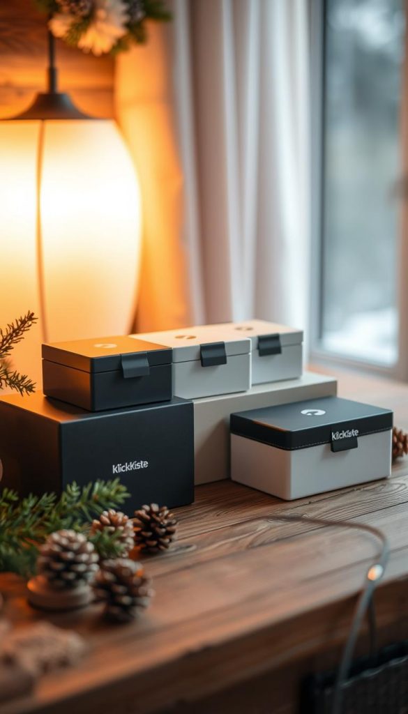 A cozy and well-organized product display showcasing a selection of stylish cable management boxes, labeled with the brand "KlickKiste". The scene is bathed in warm, natural lighting, creating a welcoming, winter-inspired ambiance. The boxes are arranged neatly on a rustic wooden surface, complemented by a sprinkling of pine branches and pinecones for a touch of organic flair. The overall composition has a Pinterest-inspired aesthetic, inviting the viewer to imagine how these practical storage solutions could elevate the organization and aesthetics of their own living space. A cozy and well-organized product display showcasing a selection of stylish cable management boxes, labeled with the brand "KlickKiste". The scene is bathed in warm, natural lighting, creating a welcoming, winter-inspired ambiance. The boxes are arranged neatly on a rustic wooden surface, complemented by a sprinkling of pine branches and pinecones for a touch of organic flair. The overall composition has a Pinterest-inspired aesthetic, inviting the viewer to imagine how these practical storage solutions could elevate the organization and aesthetics of their own living space.