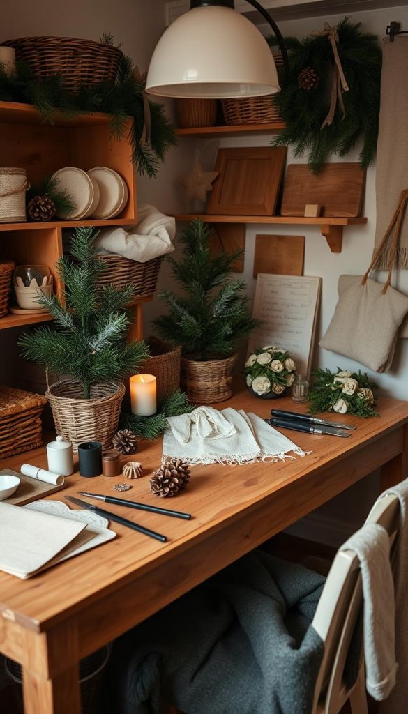 A cozy and well-organized workspace for DIY holiday crafting. Wooden surfaces, wicker baskets, and natural linen textures create a warm and rustic atmosphere. Festive greenery, pinecones, and a small potted tree add seasonal charm. Soft, diffused lighting casts a gentle glow, while a mix of curated tools and materials are neatly arranged, ready for creative projects. A sense of effortless style and seasonal inspiration permeates the scene, capturing the essence of Advent preparation and the tranquil anticipation of the holiday season.