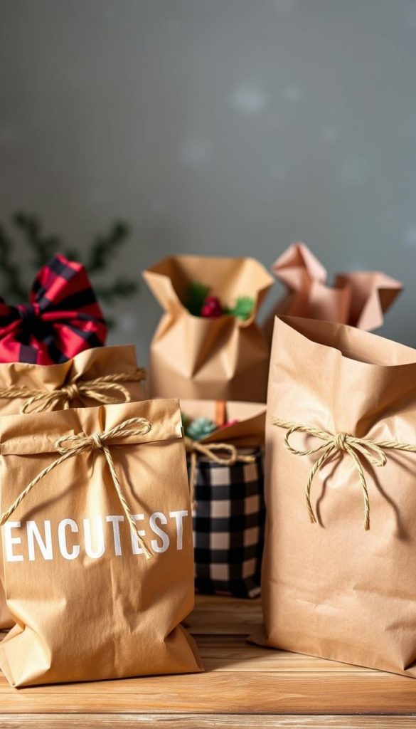 A cozy arrangement of festive gift bags in warm, earthy tones. The KlickKiste paper bags have a rustic, handmade aesthetic, with natural textures and subtle patterns. In the foreground, a mix of kraft, plaid, and solid-colored bags are tied with twine bows, casting soft shadows. The middle ground features a few bags resting on a wooden surface, their openings revealing hints of wintry greenery and small holiday accents. The background is softly blurred, evoking a serene, winter-inspired atmosphere. Gentle lighting creates a welcoming, inviting mood, perfect for showcasing a heartfelt DIY gift wrapping tutorial.