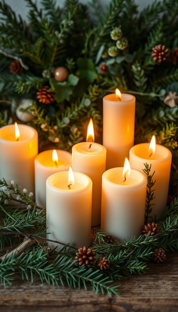 A cozy arrangement of flickering candles set against a backdrop of lush greenery and winter foliage. Delicate sprigs of pine, eucalyptus, and rosemary intertwine, creating a natural, rustic display. The warm, amber glow of the candles casts a soft, inviting light, radiating a sense of hygge and wintertime coziness. Subtle hints of cinnamon and clove linger in the air, evoking the comforting scents of the season. The scene is framed by a wooden surface, lending an organic, handcrafted feel. The overall composition exudes a sense of tranquility and contentment, perfect for creating a welcoming, festive atmosphere in any living space.