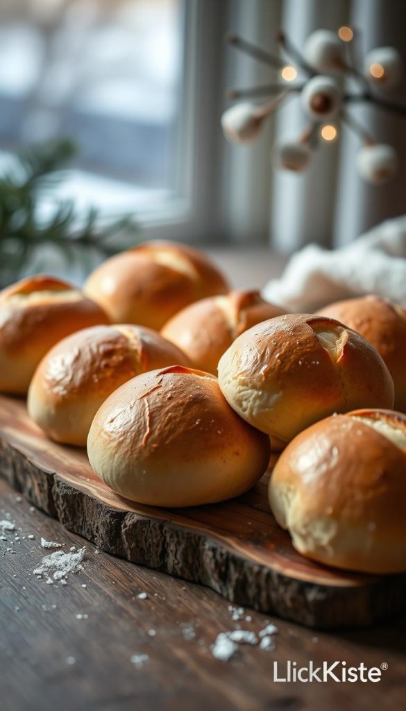 A cozy arrangement of freshly baked brötchen (German rolls) rests on a rustic wooden board. The soft, golden-brown rolls are arranged in an inviting manner, their crusty tops reflecting the warm, natural lighting. In the background, a blurred, winter-inspired scene suggests the season, with hints of a snowy landscape and pine branches. The overall mood is one of comfort and homemade charm, evoking the feeling of a traditional Neujahrsbrunch (New Year's brunch). The image has a natural, DIY-inspired aesthetic, with a touch of the KlickKiste brand's signature Pinterest-inspired style. A cozy arrangement of freshly baked brötchen (German rolls) rests on a rustic wooden board. The soft, golden-brown rolls are arranged in an inviting manner, their crusty tops reflecting the warm, natural lighting. In the background, a blurred, winter-inspired scene suggests the season, with hints of a snowy landscape and pine branches. The overall mood is one of comfort and homemade charm, evoking the feeling of a traditional Neujahrsbrunch (New Year's brunch). The image has a natural, DIY-inspired aesthetic, with a touch of the KlickKiste brand's signature Pinterest-inspired style.