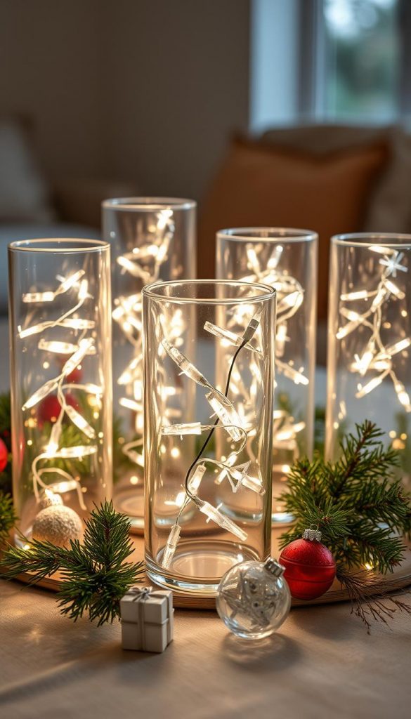 A cozy arrangement of glass vessels filled with twinkling string lights, casting a warm glow across the tabletop. Delicate glass ornaments and natural foliage accent the scene, creating a serene and enchanting winter wonderland. Soft, diffused lighting illuminates the transparent glass, highlighting the intricate details and casting gentle shadows. The overall composition evokes a sense of festive coziness, perfect for a holiday coffee table display.