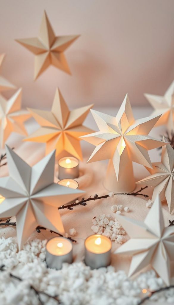 A cozy arrangement of hand-crafted paper stars, their intricate folds casting delicate shadows across a softly lit winter scene. Warm candlelight flickers, illuminating the natural textures of the paper sculptures as they float weightlessly, creating a sense of gentle, contemplative ambiance. Soft, muted tones of ivory and taupe evoke a Scandinavian aesthetic, while the stars' asymmetric shapes and organic forms add visual interest. The composition emphasizes balance and minimalism, allowing the paper luminaries to take center stage and radiate a peaceful, magical glow.