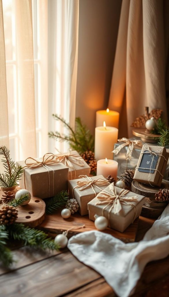A cozy arrangement of handcrafted Christmas gifts nestled against a backdrop of soft, warm lighting. Rustic wooden surfaces, natural textures, and a touch of greenery create a inviting, winter-inspired scene. The image has a distinct &quot;KlickKiste&quot; aesthetic, with a Pinterest-worthy, DIY aesthetic. Sunlight filters through sheer curtains, casting a golden glow over the delicate ornaments, candles, and other holiday treasures. The overall mood is serene, festive, and visually compelling.