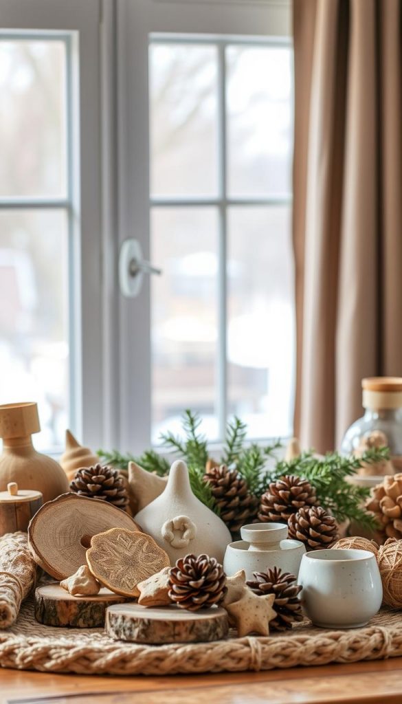 A cozy arrangement of handcrafted and budget-friendly decor items, captured in a warm, natural light. In the foreground, a mix of rustic wood pieces, woven textures, and simple ceramics create an inviting tableau. The middle ground features a selection of greenery and pinecones, complementing the earthy tones. In the background, a soft, hazy winter scene with muted colors and a hint of snow sets the serene, Pinterest-inspired mood. The overall composition exudes a sense of homemade charm and effortless style, perfect for the "Budgetfreundlich & smart shoppen" section of the article. A cozy arrangement of handcrafted and budget-friendly decor items, captured in a warm, natural light. In the foreground, a mix of rustic wood pieces, woven textures, and simple ceramics create an inviting tableau. The middle ground features a selection of greenery and pinecones, complementing the earthy tones. In the background, a soft, hazy winter scene with muted colors and a hint of snow sets the serene, Pinterest-inspired mood. The overall composition exudes a sense of homemade charm and effortless style, perfect for the "Budgetfreundlich & smart shoppen" section of the article.