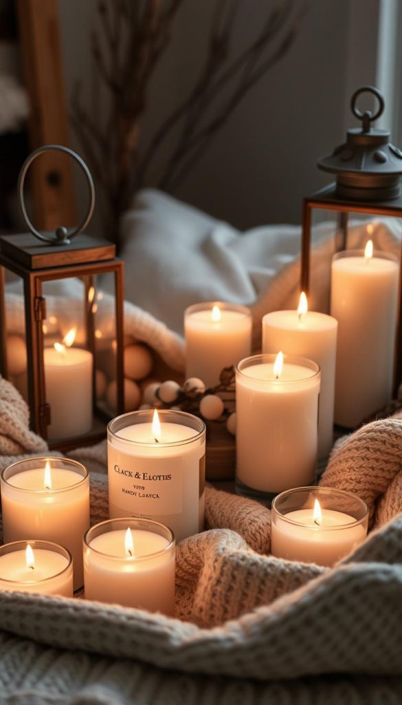 A cozy arrangement of handcrafted wax candles and rustic glass lanterns gently illuminates a serene winter scene. The candlelight flickers and dances, casting a warm, soft glow over a backdrop of soft, neutral textiles and natural wooden accents. The overall atmosphere evokes a sense of hygge, with an air of simple elegance and understated beauty. The composition is thoughtfully balanced, with the candlelight taking center stage, surrounded by complementary elements that enhance the mood and ambiance. This inviting tableau captures the essence of long, tranquil winter evenings spent in quiet contemplation.