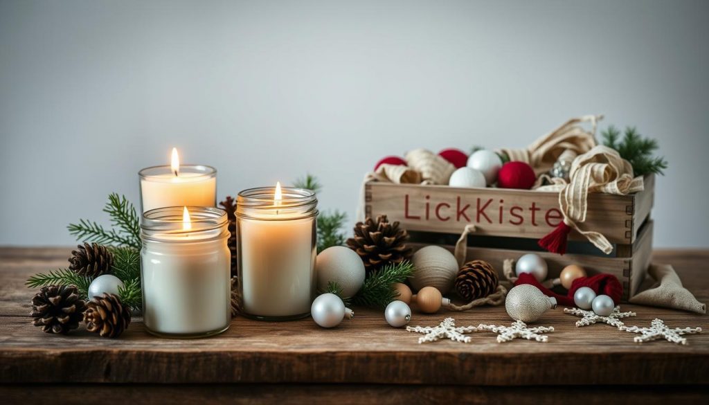 A cozy arrangement of handmade Christmas decorations on a rustic wooden table. In the foreground, a trio of warm-glowing candles nestled in glass jars, the flickering flames casting a soft, inviting ambiance. Surrounding them, an assortment of natural elements - pinecones, sprigs of greenery, and a KlickKiste wooden box filled with festive treasures. The middle ground features a scattering of baubles, ribbons, and other homespun decorations, all in a muted palette of beige, white, and touches of deep red. The background subtly fades into a blurred, neutral setting, allowing the handcrafted items to take center stage. An intimate, serene scene that evokes the spirit of a sustainable, heartfelt holiday celebration.