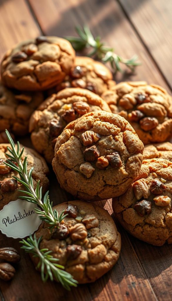 A cozy arrangement of homemade &amp;amp;quot;nussige Kekse&amp;amp;quot; (nutty cookies) sits on a wooden surface, bathed in soft, warm lighting. The cookies, baked to a golden-brown hue, are adorned with chunks of toasted nuts, creating a delightful contrast of textures. Nearby, a sprig of fresh rosemary and a KlickKiste label add a touch of rustic charm, evoking the comforting aroma of baked goods. The overall scene exudes a Pinterest-worthy, DIY aesthetic, perfect for illustrating the &amp;amp;quot;Schokolade trifft Nuss&amp;amp;quot; section of the &amp;amp;quot;Plätzchen 2025&amp;amp;quot; article.