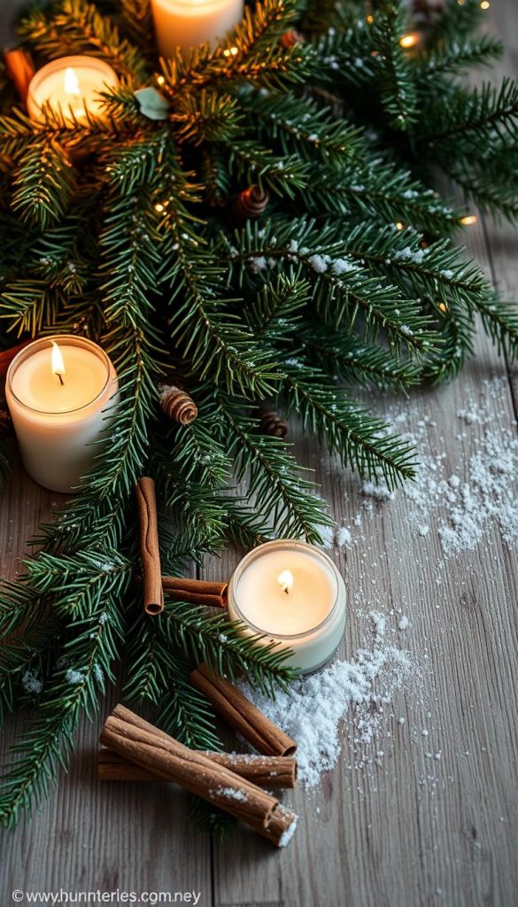 A cozy arrangement of lush, verdant tannenzweigen (fir tree branches) cascades across a rustic wooden surface, casting a warm, inviting glow. Soft lighting from flickering candles bathes the scene in an ambient, winter-inspired radiance. The natural textures and earthy tones evoke a sense of serene, festive hygge. Delicate pine needles and fragrant cinnamon sticks add subtle layers of wintry charm, while a dusting of powdery snow lends a touch of whimsical enchantment. This naturalistic, Pinterest-worthy tableau captures the essence of effortless, 5-minute Christmas decor that sets the mood for a cozy, atmospheric living space.
