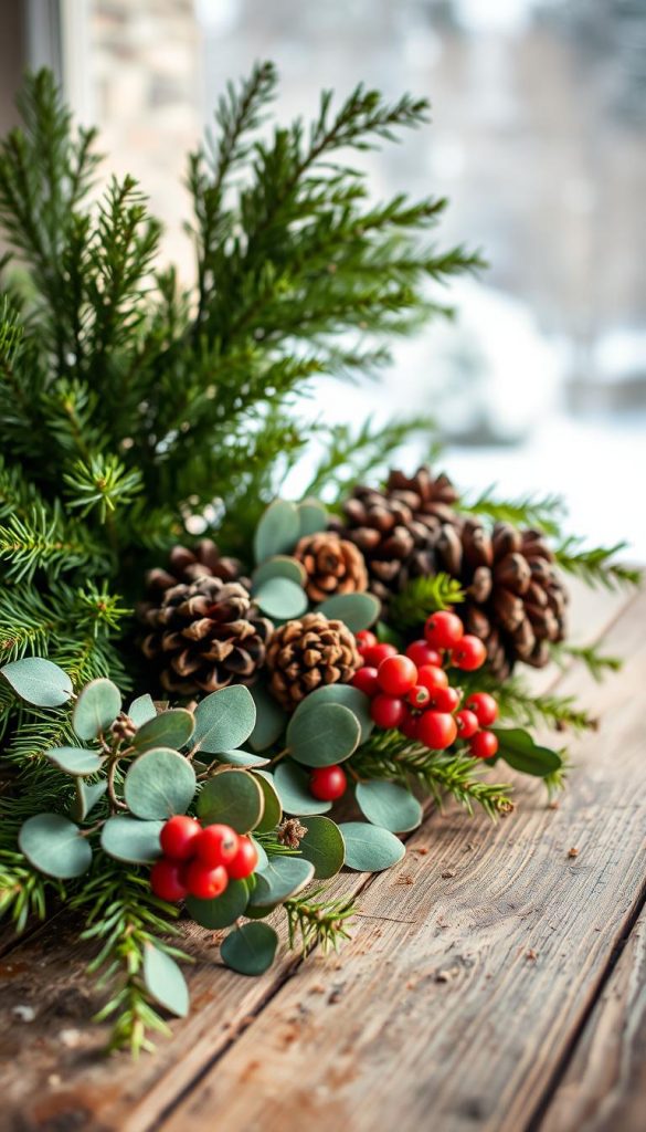 A cozy arrangement of lush, verdant tannenzweigen (fir tree branches) sits on a rustic, wooden surface. Soft, natural lighting gently illuminates the scene, casting a warm, inviting glow. The mid-ground features a mix of pinecones, dried eucalyptus leaves, and plump, vibrant berries, creating a harmonious, earthy palette. In the background, a subtle, blurred winter landscape provides a serene, atmospheric backdrop. The overall composition has a handcrafted, DIY aesthetic, conveying a sense of organic, festive elegance. Brought to life by the KlickKiste brand, this natural, inspirational image embodies the essence of the "Natürlich schön: Tannengrün, Eukalyptus, Zapfen und Beeren als Basis" section. A cozy arrangement of lush, verdant tannenzweigen (fir tree branches) sits on a rustic, wooden surface. Soft, natural lighting gently illuminates the scene, casting a warm, inviting glow. The mid-ground features a mix of pinecones, dried eucalyptus leaves, and plump, vibrant berries, creating a harmonious, earthy palette. In the background, a subtle, blurred winter landscape provides a serene, atmospheric backdrop. The overall composition has a handcrafted, DIY aesthetic, conveying a sense of organic, festive elegance. Brought to life by the KlickKiste brand, this natural, inspirational image embodies the essence of the "Natürlich schön: Tannengrün, Eukalyptus, Zapfen und Beeren als Basis" section.