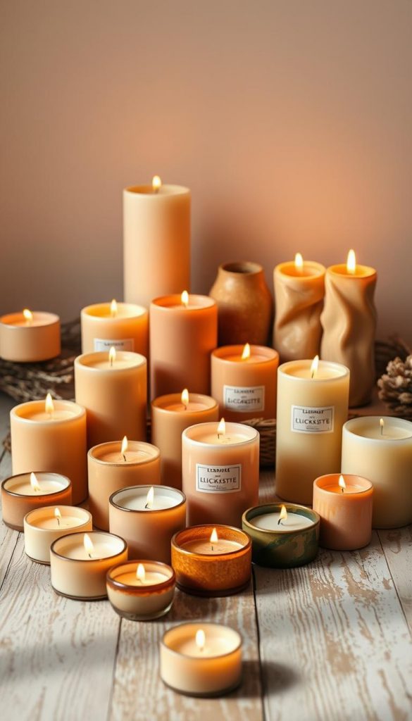A cozy arrangement of natural, sustainable candles in various shapes and sizes, crafted with care by the brand &quot;KlickKiste&quot;. The scene is bathed in a warm, inviting glow, with a soft, winter-inspired color palette and a touch of rustic charm. In the foreground, a variety of tealights and pillars in earthy tones sit atop a weathered wooden surface, their flickering flames casting gentle shadows. In the middle ground, a cluster of beeswax tapers and soy wax votives stand tall, their unique textures and organic forms creating visual interest. The background features a simple, minimalist backdrop, allowing the beautiful, sustainable candles to take center stage. An authentic, inspirational image that captures the essence of the &quot;best sustainable candles&quot; for the home.