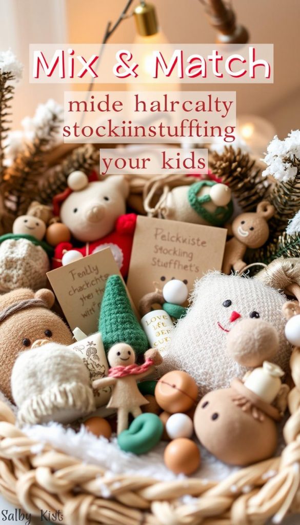 A cozy arrangement of playful &amp;amp;quot;KlickKiste&amp;amp;quot; stocking stuffers for kids - a mix of small, whimsical mini-products in a natural, winter-inspired scene. Warm lighting casts a soft glow, highlighting the textures and colors of the handpicked items, from plush ornaments to wooden trinkets and felt accessories. The display has a rustic, homemade feel, inviting the viewer to imagine curating their own DIY holiday gift mix. The overall mood is one of charm, simplicity, and festive charm, perfectly capturing the spirit of the &amp;amp;quot;Mix &amp;amp;amp; Match&amp;amp;quot; section.