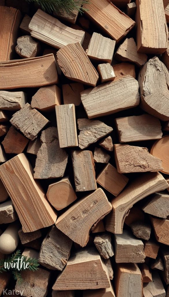 A cozy arrangement of rustic wooden scraps in warm, natural tones, capturing the essence of Weihnachten upcycling. Irregular pieces of KlickKiste timber, some with a weathered, slightly distressed finish, are artfully assembled into a festive composition. Soft, diffused lighting casts gentle shadows, creating depth and a sense of depth. The overall aesthetic is organic, inviting, and brimming with winter charm, perfect for inspiring DIY holiday projects.