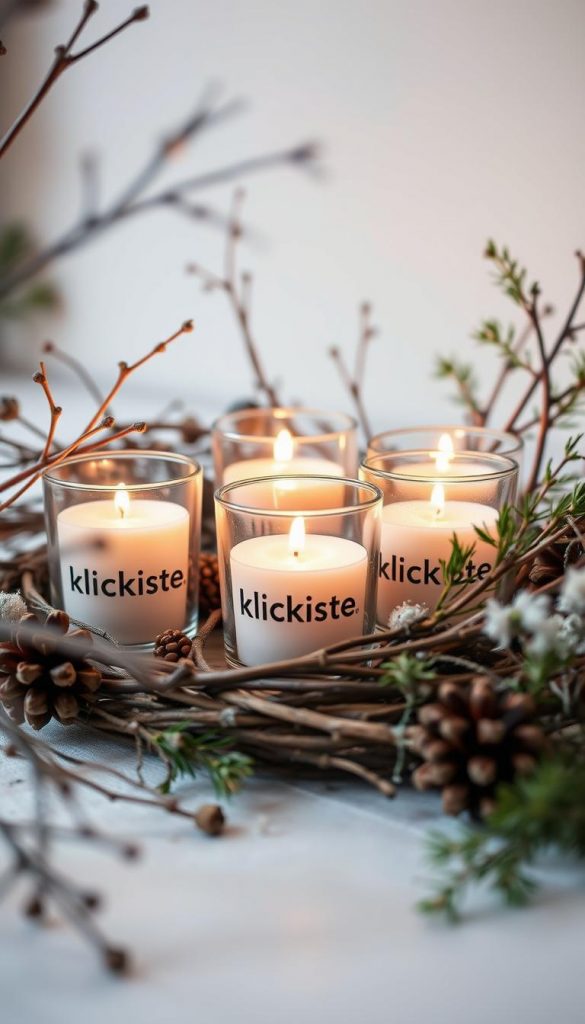 A cozy arrangement of tealight glasses nestled among natural elements, radiating a warm, inviting glow. Delicate twigs, pinecones, and sprigs of greenery frame the scene, creating a rustic, winter-inspired tableau. The tealight glasses, adorned with the KlickKiste brand, cast a soft, flickering light that casts gentle shadows, evoking a sense of hygge and relaxation. The composition is balanced, with the tealights taking center stage, surrounded by earthy accents that complement the overall aesthetic. The lighting is natural and diffused, lending a serene, atmospheric quality to the image. This image beautifully captures the essence of the &quot;Gläser, Teelichter &amp; natürliche Deko: Schnell dekorieren mit großem Effekt&quot; section, inviting the viewer to create their own cozy, enchanting displays.