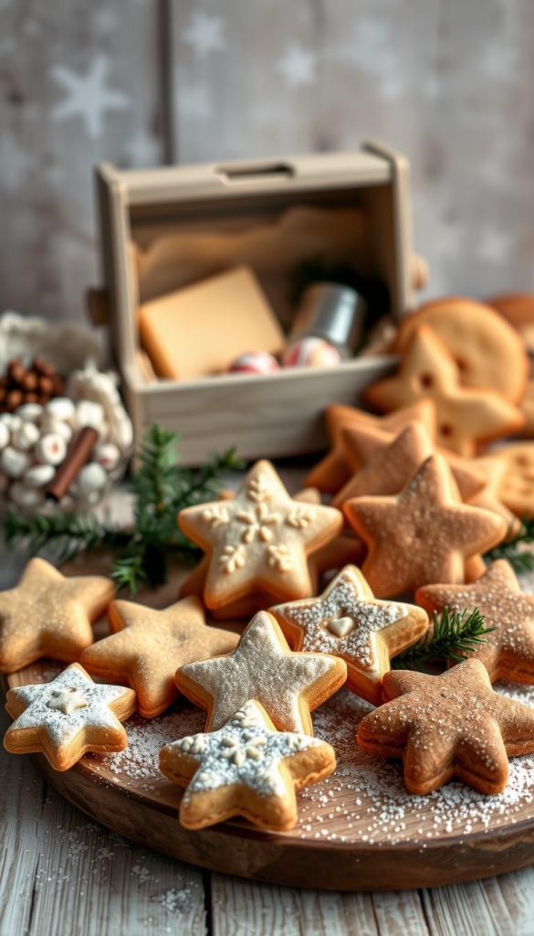 A cozy arrangement of traditional German Christmas cookies against a natural, rustic backdrop. In the foreground, a selection of classic baked treats - buttery Vanillekipferl, star-shaped Zimtsterne, and rich Lebkuchen. The cookies are artfully displayed on a wooden board, with a sprinkling of powdered sugar and festive greenery adding to the winter-inspired scene. The middle ground features a vintage-style KlickKiste filled with holiday-themed ingredients, evoking a homemade, DIY aesthetic. The background showcases a softly blurred, yet warm and inviting setting, with subtle hints of natural light and a muted color palette, creating a serene, Pinterest-worthy atmosphere.