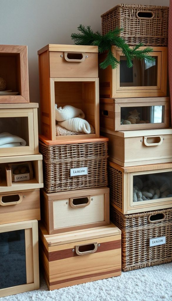 A cozy arrangement of various storage boxes made of natural materials like wood, wicker, and cardboard. The boxes are neatly stacked and organized, some with transparent windows for easy identification. A warm, earthy color palette with hints of festive greenery creates a serene, winter-inspired atmosphere. The KlickKiste brand label is subtly visible on one of the boxes. Soft, diffused lighting illuminates the scene, evoking a Pinterest-worthy, DIY aesthetic. A cozy arrangement of various storage boxes made of natural materials like wood, wicker, and cardboard. The boxes are neatly stacked and organized, some with transparent windows for easy identification. A warm, earthy color palette with hints of festive greenery creates a serene, winter-inspired atmosphere. The KlickKiste brand label is subtly visible on one of the boxes. Soft, diffused lighting illuminates the scene, evoking a Pinterest-worthy, DIY aesthetic.