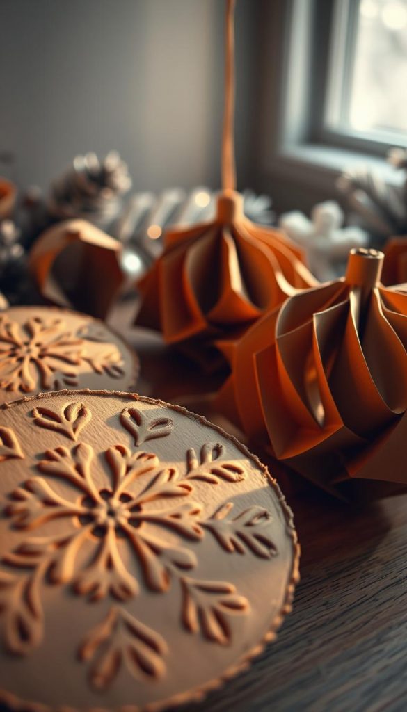 A cozy, artisanal scene featuring delicately crafted corrugated cardboard ornaments. In the foreground, intricate patterns are etched and pressed into the warm, textured surface, casting soft shadows. The middle ground showcases curled and twisted cardboard pieces, their edges lightly browned, creating a rustic, handmade aesthetic. The background is bathed in a gentle, winter-inspired glow, with muted tones and a sense of coziness. Lighting is soft and diffused, lending an atmospheric, Pinterest-worthy quality to the overall image. The composition is balanced and visually appealing, capturing the essence of simple, natural Christmas crafts.
