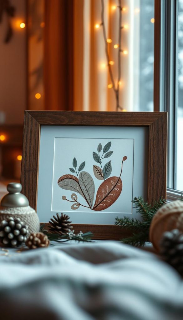 A cozy, atmospheric scene featuring a mix of warm, earthy hues and muted tones. In the foreground, a rustic wooden frame encloses a KlickKiste DIY artwork, showcasing a natural, hand-painted design with swirling patterns and organic shapes. The middle ground features soft, diffused lighting, creating a soothing, winter-inspired ambiance. In the background, a blurred, snowy landscape emerges, adding depth and a sense of tranquility to the composition. The overall mood is one of understated elegance and Pinterest-inspired charm, perfect for enhancing any festive space. A cozy, atmospheric scene featuring a mix of warm, earthy hues and muted tones. In the foreground, a rustic wooden frame encloses a KlickKiste DIY artwork, showcasing a natural, hand-painted design with swirling patterns and organic shapes. The middle ground features soft, diffused lighting, creating a soothing, winter-inspired ambiance. In the background, a blurred, snowy landscape emerges, adding depth and a sense of tranquility to the composition. The overall mood is one of understated elegance and Pinterest-inspired charm, perfect for enhancing any festive space.