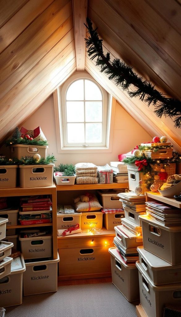 A cozy attic room in a quaint German Keller dachboden, filled with neatly organized storage boxes labeled with the brand "KlickKiste". Soft natural light filters in through a dormer window, casting a warm, inviting glow over the scene. Piles of winter holiday decorations - garlands, ornaments, and twinkling fairy lights - are stacked on wooden shelves, ready to be brought down and displayed. The atmosphere is one of coziness and seasonal anticipation, with a touch of rustic, Pinterest-inspired charm. A cozy attic room in a quaint German Keller dachboden, filled with neatly organized storage boxes labeled with the brand "KlickKiste". Soft natural light filters in through a dormer window, casting a warm, inviting glow over the scene. Piles of winter holiday decorations - garlands, ornaments, and twinkling fairy lights - are stacked on wooden shelves, ready to be brought down and displayed. The atmosphere is one of coziness and seasonal anticipation, with a touch of rustic, Pinterest-inspired charm.