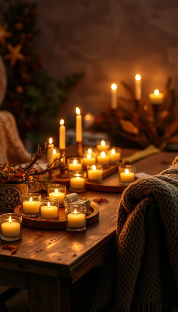 A cozy autumn evening with a warm, inviting atmosphere. A rustic wooden table set with glowing candles, their flickering flames casting a soft, golden light. Clusters of votive candles in glass holders, their gentle glow illuminating the space. Plush, textured blankets draped over chairs, adding depth and coziness. The background blurs into a muted, earthy palette, with hints of greenery and natural textures. An inviting, hygge-inspired scene, perfect for intimate gatherings and reflective moments.
