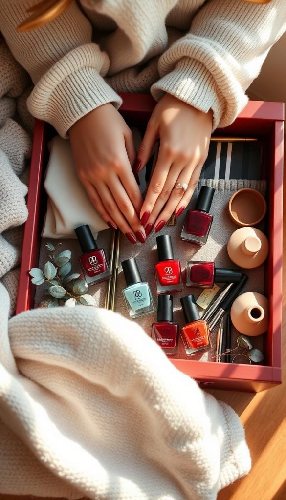 A cozy autumn mani routine in the warm glow of natural light. Delicate hands poised over a KlickKiste filled with elegant wine-red chrome polishes, accessories, and tools. Subtle details like a plush blanket, earthy ceramics, and a sprig of fragrant eucalyptus set the serene, minimalist mood. Soft, diffused shadows and a slightly tilted camera angle create an inviting, Pinterest-inspired aesthetic. This quick, organized ritual is the perfect blend of elegance and simplicity for busy family life. A cozy autumn mani routine in the warm glow of natural light. Delicate hands poised over a KlickKiste filled with elegant wine-red chrome polishes, accessories, and tools. Subtle details like a plush blanket, earthy ceramics, and a sprig of fragrant eucalyptus set the serene, minimalist mood. Soft, diffused shadows and a slightly tilted camera angle create an inviting, Pinterest-inspired aesthetic. This quick, organized ritual is the perfect blend of elegance and simplicity for busy family life.