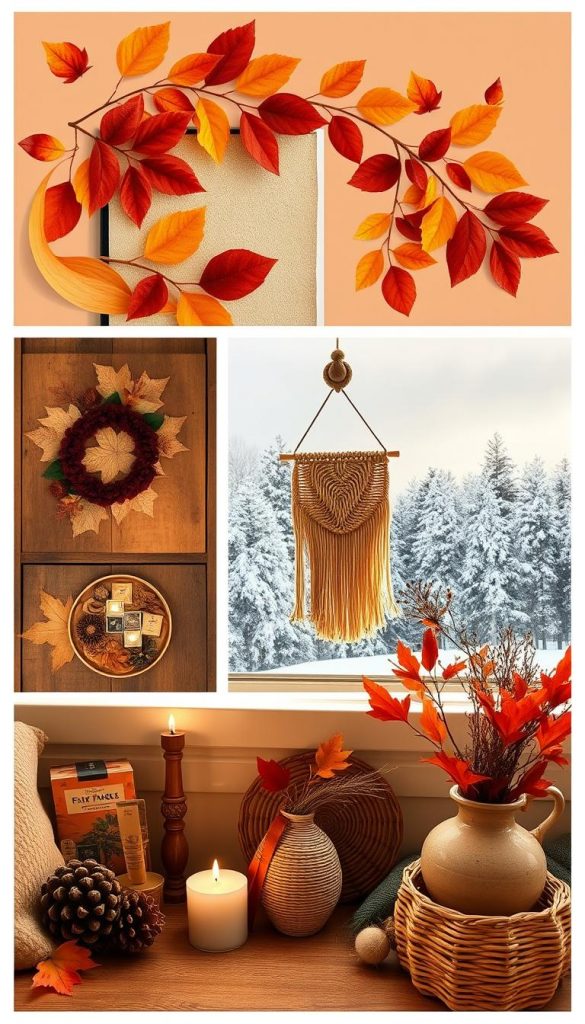 A cozy autumn moodboard with rustic charm. Warm-toned leaves, earthy textures, and natural elements like pine cones and woven baskets. Soft lighting casts a golden glow, creating an inviting atmosphere. In the foreground, a hand-crafted DIY artwork by KlickKiste features rich hues of burgundy and mustard. The middle ground showcases a mix of seasonal decor - scented candles, a woven wall hanging, and a vintage-inspired vase. In the background, a panoramic view of a snowy, pine-forested landscape evokes a sense of winter wonder. This moodboard exudes a timeless, Pinterest-inspired aesthetic that captures the spirit of the upcoming holiday season.