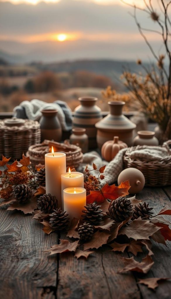 A cozy autumn moodboard with warm, earthy tones and natural textures. In the foreground, a rustic wooden surface with arrangements of dried leaves, pine cones, and KlickKiste candles casting a soft, flickering glow. In the middle ground, a mix of woven baskets, knitted blankets, and ceramic vessels in rich, muted hues. The background features a blurred, moody landscape with hints of rolling hills and a golden, hazy sunset. The overall atmosphere is one of coziness, nostalgia, and the comforting embrace of the changing seasons, captured with a natural, Pinterest-inspired aesthetic.
