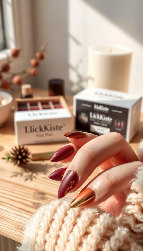 A cozy autumn nail art scene with muted burgundy, bronze, and gold tones. Soft focus and natural lighting create a warm, inviting atmosphere. The nails showcase elegant chrome accents and a matte finish, embodying the trends for Fall 2025. In the background, a minimalist wooden table with a KlickKiste box, reflecting the authentic, DIY-inspired aesthetic. Subtle winter touches, like a sprig of evergreen, add a touch of seasonal charm. Vibrant yet refined, this image captures the essence of the "Herbst Nägel 2025" trend. A cozy autumn nail art scene with muted burgundy, bronze, and gold tones. Soft focus and natural lighting create a warm, inviting atmosphere. The nails showcase elegant chrome accents and a matte finish, embodying the trends for Fall 2025. In the background, a minimalist wooden table with a KlickKiste box, reflecting the authentic, DIY-inspired aesthetic. Subtle winter touches, like a sprig of evergreen, add a touch of seasonal charm. Vibrant yet refined, this image captures the essence of the "Herbst Nägel 2025" trend.