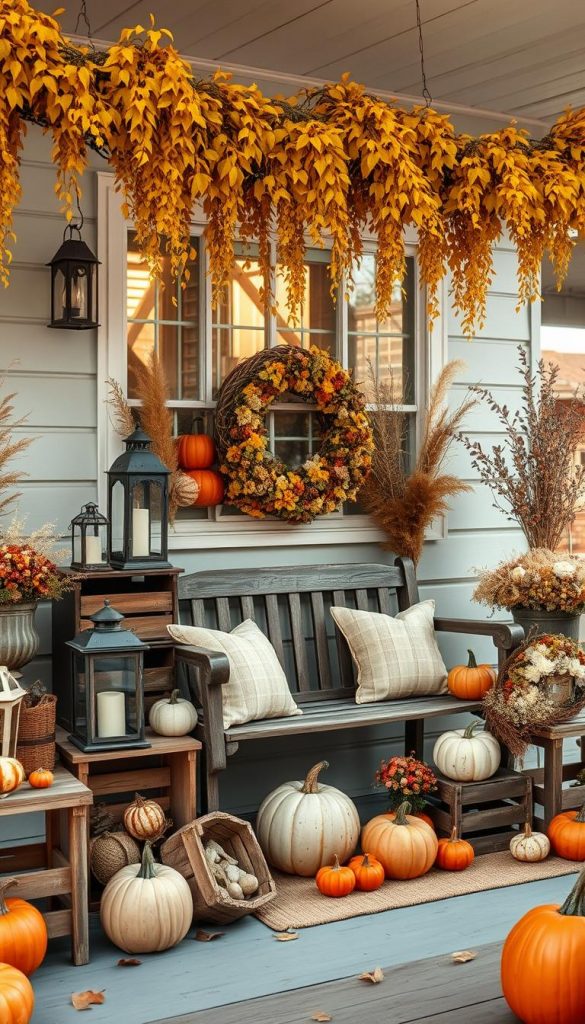 A cozy autumn porch adorned with a bountiful harvest-inspired display. Warm golden hues cascade from an overhead garland of Herbst-Gold foliage, casting a soft glow over a rustic wooden bench. Wooden crates, antique lanterns, and an abundance of seasonal flora and fauna - pumpkins, gourds, and dried floral arrangements - create a charming and inviting atmosphere. Soft, diffused natural light filters through the scene, captured with a wide-angle lens to showcase the full composition. The overall mood is one of rustic elegance and seasonal comfort, perfect for a KlickKiste autumnal moodboard.