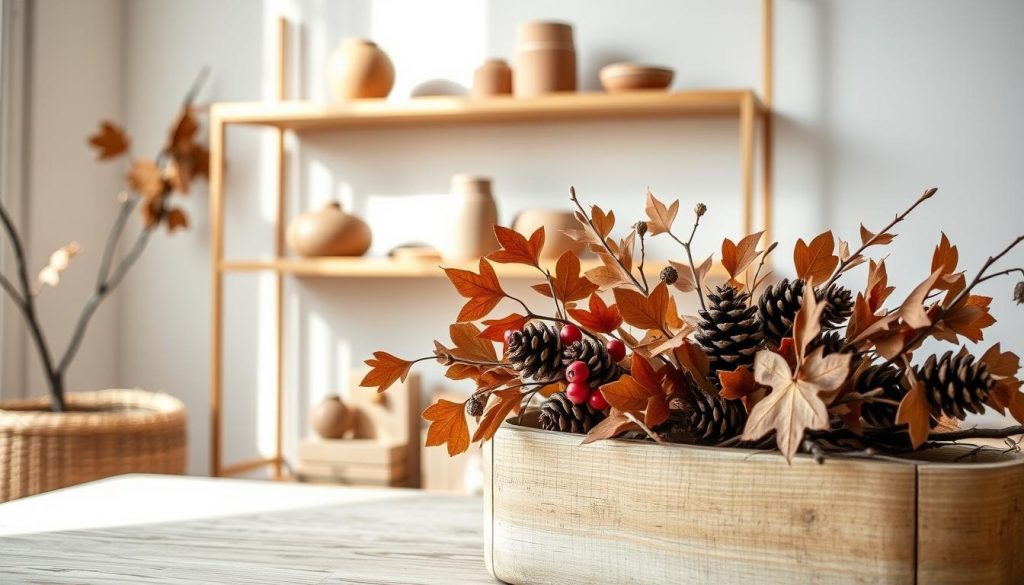 A cozy autumn scene featuring natural materials and seasonal decor. In the foreground, a rustic wooden KlickKiste displays an arrangement of dried leaves, pinecones, and a few red berries. Soft lighting filters through a window, casting a warm glow on the scene. In the middle ground, a minimalist wooden shelf holds a collection of ceramics and vases in earthy tones. The background features a neutral-colored wall, complemented by the natural textures and hues of the decor. The overall mood is one of tranquility and a connection to the changing seasons.