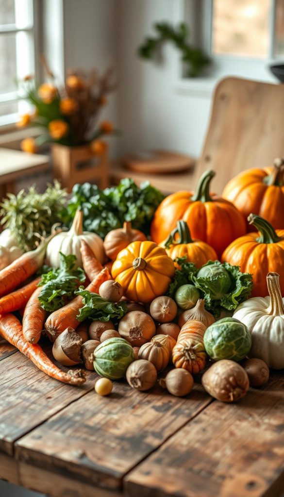 A cozy autumn still life featuring an assortment of seasonal vegetables on a rustic wooden table. In the foreground, a variety of root vegetables and gourds - carrots, potatoes, onions, and pumpkins - are arranged in a natural, haphazard manner. In the middle ground, leafy greens like kale and brussels sprouts add pops of vibrant color. The background is softly blurred, giving the scene a warm, intimate atmosphere. Soft, natural lighting from a window casts a gentle glow, creating shadows and highlights that accentuate the textures of the produce. Overall, the image has a homespun, DIY aesthetic with a Pinterest-inspired look, perfect for the &quot;Saisonale Küche Herbst &amp; Winter: einfache Zutaten, großer Geschmack&quot; section. Signature: KlickKiste