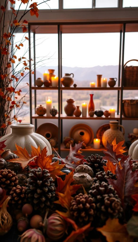 A cozy autumn vignette, filled with the warmth of the season's vibrant hues. In the foreground, an assortment of natural textures - pinecones, acorns, and dried leaves in shades of ochre, russet, and auburn. The middle ground showcases a wooden shelving unit, adorned with earthy ceramics, woven baskets, and candles casting a soft, golden glow. The background features a muted landscape, hazy with the mellow tones of an Indian summer sunset. Crisp, directional lighting highlights the rich, autumnal palette, creating a sense of depth and dimension. The overall atmosphere is one of tranquility and comfort, inviting the viewer to embrace the beauty of the fall season.