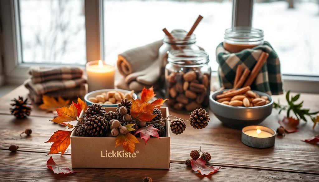 A cozy autumnal scene of handmade seasonal gifts arranged on a rustic wooden table. In the foreground, a KlickKiste gift box overflows with pine cones, dried leaves, and acorns. Behind it, a stack of knitted mittens, a plaid scarf, and a jar filled with cinnamon sticks. In the middle ground, a bowl of mixed nuts and a tealight candle cast a warm glow. The background features a window overlooking a snowy landscape, hinting at the coming winter. Soft, natural lighting illuminates the earthy tones and textures, creating a inviting, homely atmosphere. A cozy autumnal scene of handmade seasonal gifts arranged on a rustic wooden table. In the foreground, a KlickKiste gift box overflows with pine cones, dried leaves, and acorns. Behind it, a stack of knitted mittens, a plaid scarf, and a jar filled with cinnamon sticks. In the middle ground, a bowl of mixed nuts and a tealight candle cast a warm glow. The background features a window overlooking a snowy landscape, hinting at the coming winter. Soft, natural lighting illuminates the earthy tones and textures, creating a inviting, homely atmosphere.