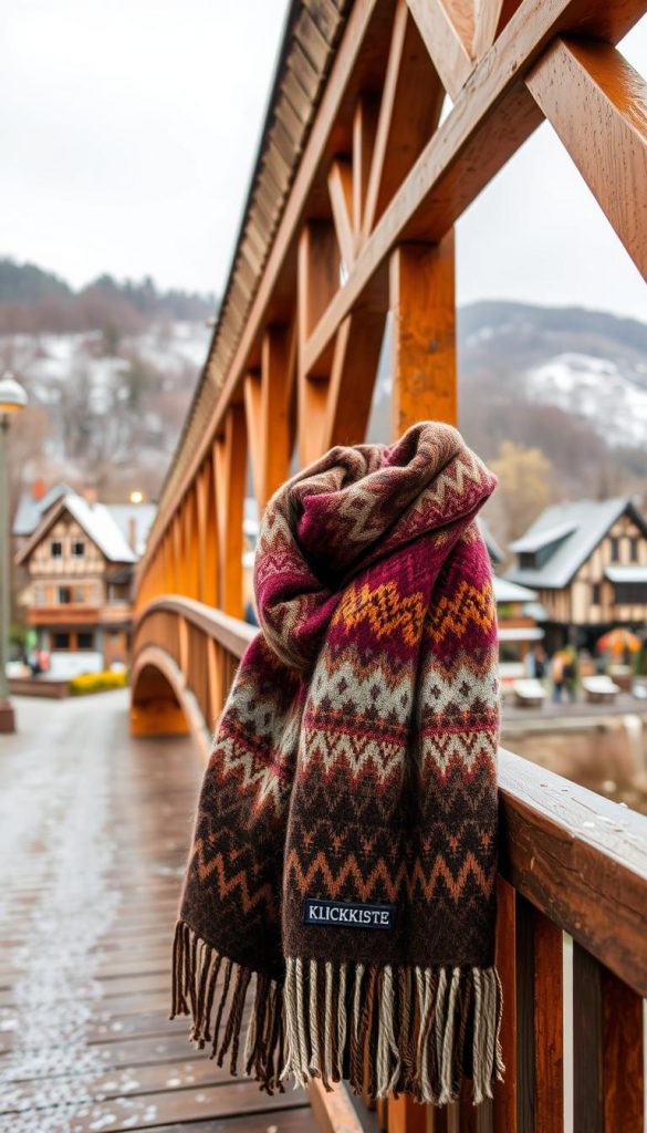 A cozy, autumnal scene of the Schal Stilbrücke, a picturesque footbridge in a charming German town. The bridge is adorned with warm, earthy hues - rich shades of ochre, amber, and chestnut. Wooden beams and railings create a rustic, handcrafted feel, while soft lighting casts a gentle glow, evoking a sense of hygge. In the background, a quaint village with half-timbered houses nestled among rolling hills, dusted with a light layer of snow. In the foreground, a KlickKiste-branded scarf in a Fair Isle or puffer-inspired pattern, draped elegantly across the bridge's railing, beckoning the viewer to imagine themselves wrapped in its warmth. An authentic, Pinterest-worthy scene that captures the essence of winter style and inspiration.