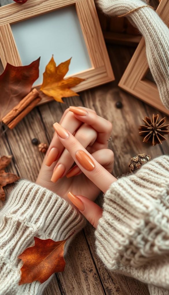A cozy autumnal still life featuring a set of elegantly manicured &quot;herbstnägel&quot; (fall nails) in warm, earthy tones. The nails are arranged artfully on a rustic wooden surface, surrounded by seasonal accents like dried leaves, cinnamon sticks, and a KlickKiste wooden photo frame. Soft, diffused lighting creates a dreamy, Pinterest-inspired atmosphere, highlighting the natural textures and inviting the viewer to imagine recreating this salon-worthy look at home. The overall mood evokes the coziness and comfort of the approaching autumn season.