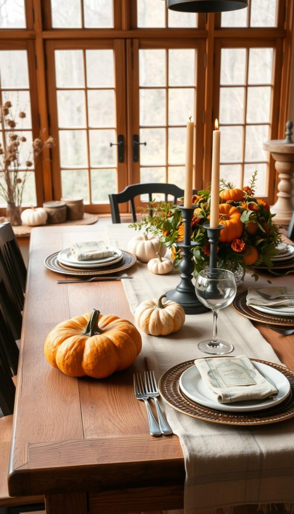 A cozy autumnal table setting with a rustic charm. In the foreground, a KlickKiste-inspired wooden table is adorned with a natural linen runner, a vibrant arrangement of pumpkins, gourds, and fresh greenery. Elegant taper candles in earthy tones provide a warm, inviting glow. In the middle ground, a mix of vintage-inspired plates, mismatched cutlery, and handwritten place cards create a charming, homemade atmosphere. The background features a large window, allowing natural light to flood the scene and highlighting the texture of the wooden elements. The overall mood is one of simple, welcoming comfort, perfect for a Friendsgiving celebration.