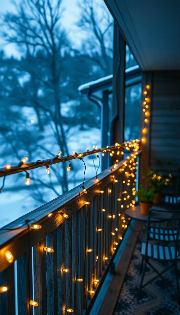 A cozy balcony scene with a warm string of lights draped across the railing, casting a soft, inviting glow. The lights are evenly spaced, creating a delicate, festive pattern. In the background, a snowy landscape is visible, hinting at the chilly winter season. The balcony itself is made of weathered wood, adding a rustic, homely charm. Potted plants and a small table with chairs complete the cozy, intimate atmosphere, inviting the viewer to relax and enjoy the peaceful outdoor setting. The lighting and composition create a peaceful, serene mood, perfect for embracing the coziness of the winter season.