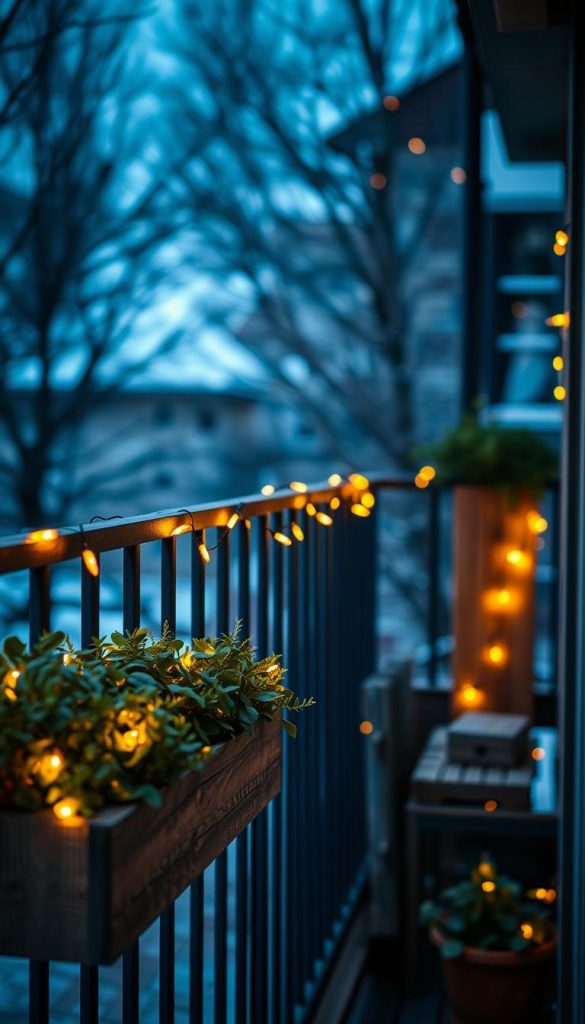 A cozy balcony scene with warm, inviting micro-lights strung across the railing, casting a soft, ambient glow. Wooden planters filled with lush greenery accent the space, creating a charming, intimate atmosphere. The KlickKiste micro-lights twinkle against a moody, winter-inspired background, evoking a rustic, Pinterest-inspired ambiance. Captured with a wide-angle lens to showcase the proportions and scale of the balcony space, the image exudes a natural, DIY aesthetic that complements the article's focus on "Balkon & Terrasse: Kleine Flächen groß rausbringen". A cozy balcony scene with warm, inviting micro-lights strung across the railing, casting a soft, ambient glow. Wooden planters filled with lush greenery accent the space, creating a charming, intimate atmosphere. The KlickKiste micro-lights twinkle against a moody, winter-inspired background, evoking a rustic, Pinterest-inspired ambiance. Captured with a wide-angle lens to showcase the proportions and scale of the balcony space, the image exudes a natural, DIY aesthetic that complements the article's focus on "Balkon & Terrasse: Kleine Flächen groß rausbringen".