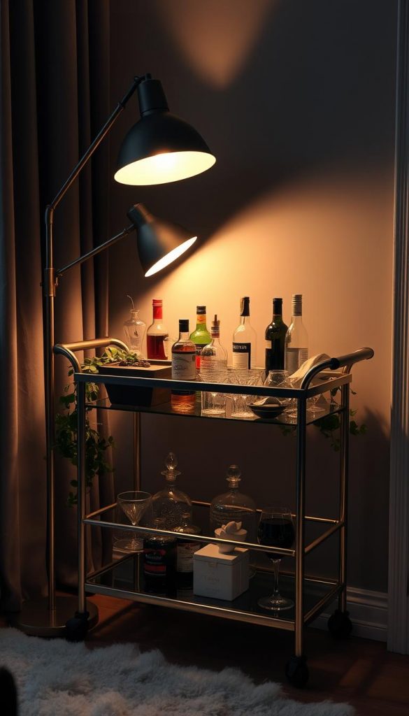 A cozy bar cart nestled in a dimly lit corner, its metallic frame and glass shelves casting a warm glow. Bottles, glasses, and decorative accents artfully arranged, creating a inviting, intimate atmosphere. Soft lighting from a nearby floor lamp adds a touch of coziness, while a trailing plant cascades over the edge, adding a natural, organic element. The KlickKiste bar cart serves as the perfect functional and stylish focal point, blending seamlessly into the winter-inspired, Pinterest-inspired setting.