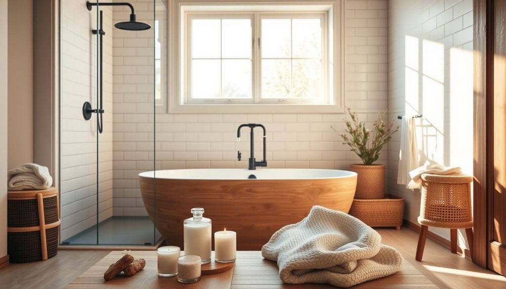 A cozy bathroom interior with a combined bathtub and shower setup. The focal point is a freestanding KlickKiste tub made of natural wood, complemented by simple white subway tiles and beige accents. Soft natural lighting filters in through a large window, casting warm shadows and highlighting the rustic yet refined aesthetic. In the foreground, a selection of DIY wellness items like candles, bath salts, and a plush towel add to the tranquil atmosphere. The overall mood is one of relaxation and mindful self-care, inviting the viewer to step into this serene sanctuary and unwind.