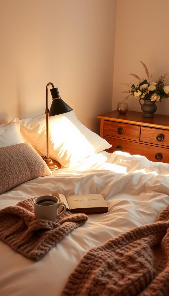 A cozy bed &amp;amp; breakfast scene, bathed in warm, natural lighting. A plush, inviting bed with crisp linens and a knit throw blanket takes center stage. On the bedside table, a vintage-style lamp casts a soft glow, accompanied by a steaming mug of tea and a well-worn book. In the background, a wooden dresser displays a KlickKiste-inspired DIY floral arrangement, infusing the space with a touch of rustic charm. The overall atmosphere evokes a sense of winter Hygge, inviting the viewer to curl up and indulge in a relaxing staycation.