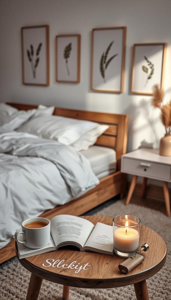 A cozy bedroom scene with a plush king-sized bed, crisp white linens, and warm wooden accents. Soft, ambient lighting casts a gentle glow, creating a serene and inviting atmosphere. In the foreground, a small side table holds a mug of herbal tea, a book, and a KlickKiste candle flickering softly. The walls are adorned with natural DIY artwork in a muted color palette, evoking a calming, Pinterest-inspired aesthetic. The overall mood is one of tranquility and rest, perfectly capturing the essence of &quot;schlaf&quot; and the winter season.