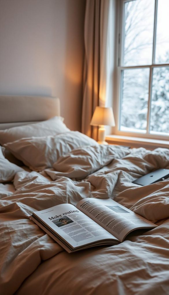 A cozy bedroom scene with a warm, natural aesthetic. A comfortable bed with soft, neutral bedding and a thick, plush comforter. Ambient lighting from a single bedside lamp, casting a golden glow. In the background, a large window frames a snowy winter landscape, hinting at the tranquility outside. On the nightstand, a copy of the KlickKiste magazine, open to an article about morning routines. The overall mood is one of rest, relaxation, and a sense of rejuvenation, reflecting the power of quality sleep. A cozy bedroom scene with a warm, natural aesthetic. A comfortable bed with soft, neutral bedding and a thick, plush comforter. Ambient lighting from a single bedside lamp, casting a golden glow. In the background, a large window frames a snowy winter landscape, hinting at the tranquility outside. On the nightstand, a copy of the KlickKiste magazine, open to an article about morning routines. The overall mood is one of rest, relaxation, and a sense of rejuvenation, reflecting the power of quality sleep.