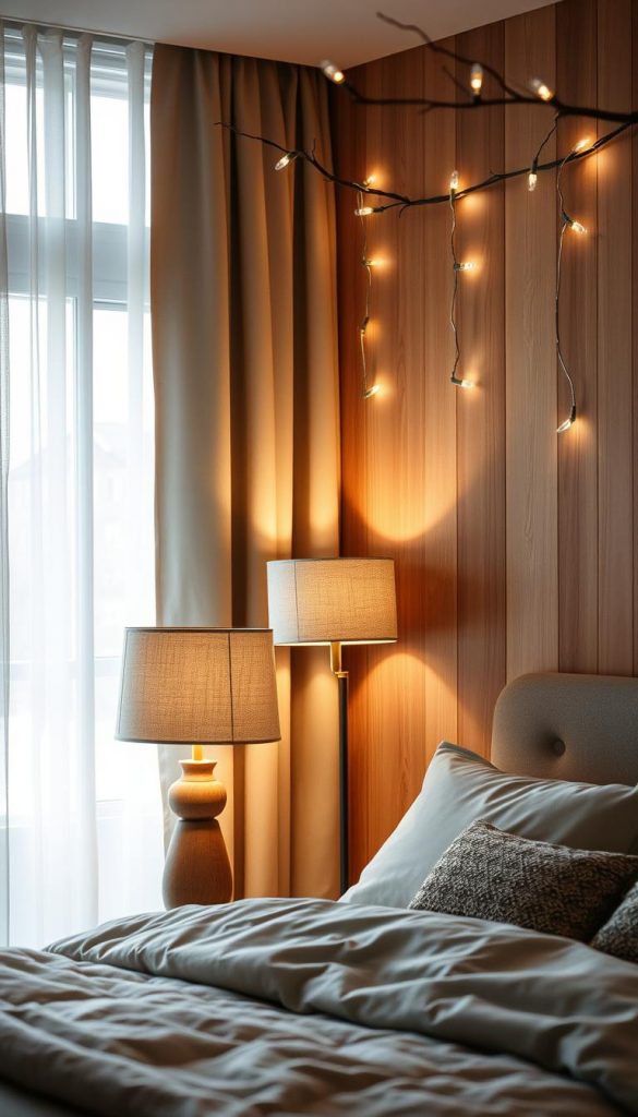 A cozy bedroom scene with layered lighting creating a warm, inviting atmosphere. A large window floods the space with soft, natural light, filtering through sheer curtains in muted tones. In the foreground, a wooden table lamp with a linen shade casts a gentle glow, while a freestanding KlickKiste floor lamp in the middle ground adds depth and a touch of modern elegance. Decorative string lights draped overhead provide ambient illumination, reflecting off the smooth, glossy wood tones and plush textiles. The overall mood is one of serene, winter-inspired coziness, perfect for a bedroom refresh.