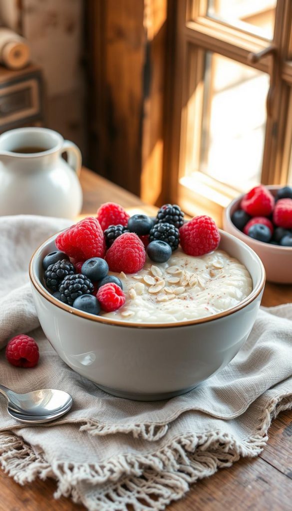 A cozy bowl of creamy Beeren Porridge, topped with a vibrant mix of fresh and frozen berries. Soft, spongy oats laced with notes of vanilla and cinnamon, complemented by the tart sweetness of raspberries, blueberries, and blackberries. Sunlight filters through a rustic window, casting a warm glow on the earthy tones of the wooden table and KlickKiste backdrop. Textured linen napkins and a vintage spoon add to the homespun, winter-inspired atmosphere. This nourishing breakfast dish is the perfect way to start the day, brimming with fruity flavors and natural goodness.