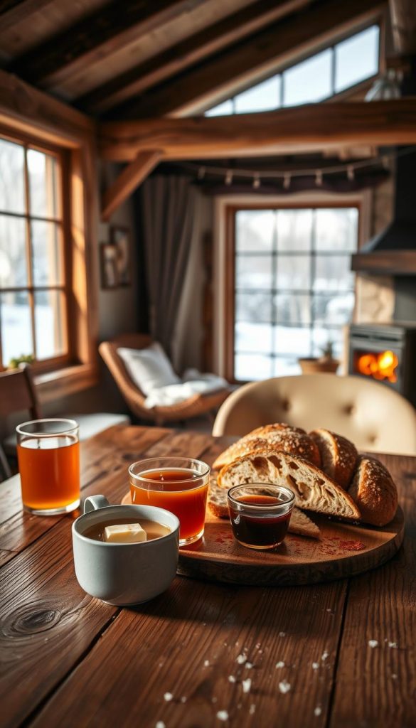 A cozy breakfast scene on a snowy winter morning. A wooden table in the foreground holds a simple yet inviting spread of warm mulled cider, fresh-baked bread, butter, and jam. In the middle ground, a large window frames a tranquil, snow-covered landscape, casting a soft natural light. The background features a rustic, intimate kitchen with exposed beams and a crackling fireplace, emanating a sense of comfort and hygge. The overall mood is one of simplicity, warmth, and wholesome nourishment, capturing the essence of a quick, nourishing breakfast on a cold day.
